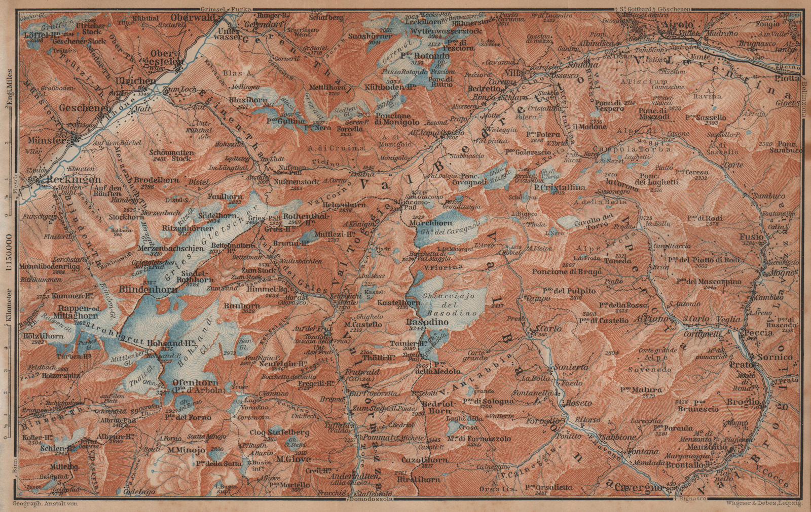 GRIES PASS & NW TICINO ALPS. Val Bedretto Airolo Basodino Ofenhorn 1901 map